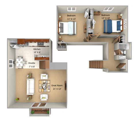 Floor plan for 2 beds, 1 bath, 1050 sqft